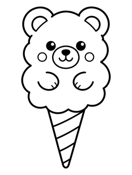 A sweet teddy bear cotton candy coloring page on a striped cone.