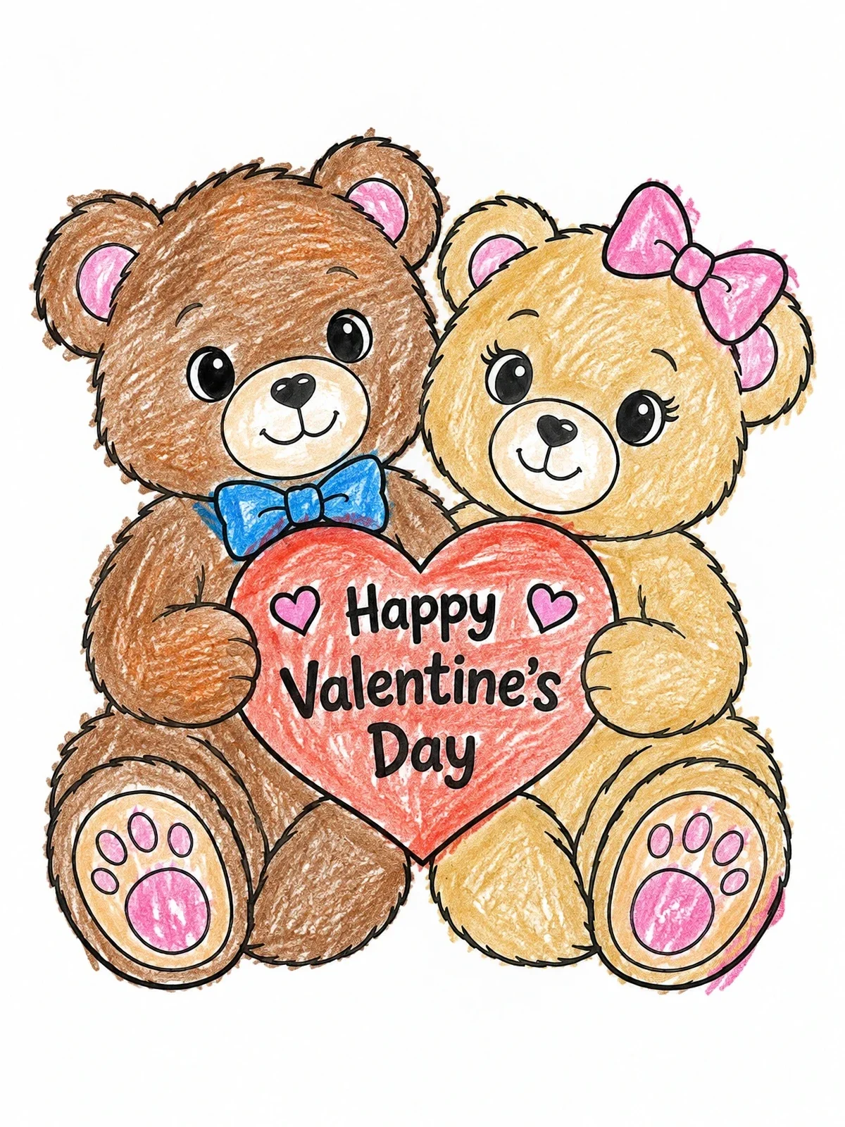 Colored example of the Teddy Bear Couple Holding Valentine Heart coloring page