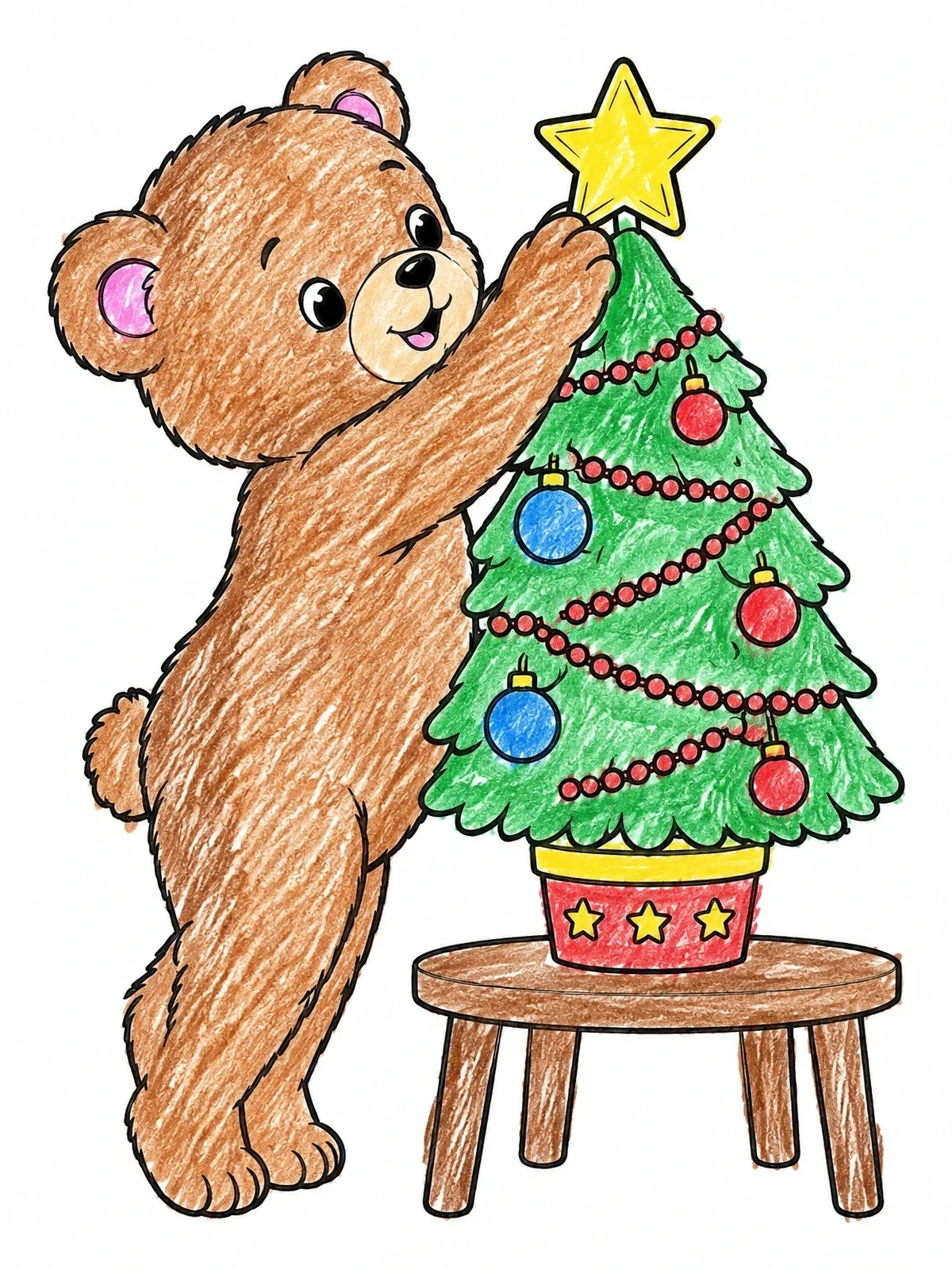 Colored example of the Teddy Bear Decorating Christmas Tree coloring page
