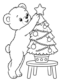 A cute teddy bear coloring page showing a bear placing a star on a mini tabletop tree.