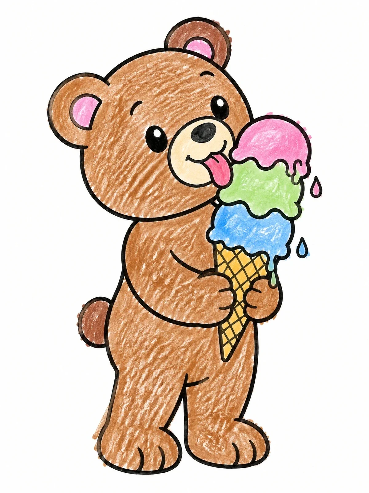 Colored example of the Teddy Bear Eating Ice Cream Cone coloring page
