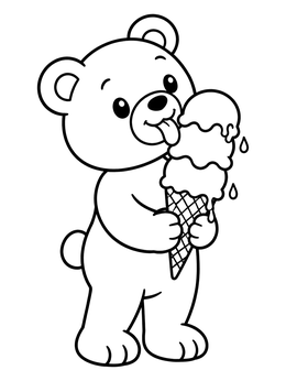 A cute teddy bear coloring page showing a bear licking a triple-scoop ice cream cone.