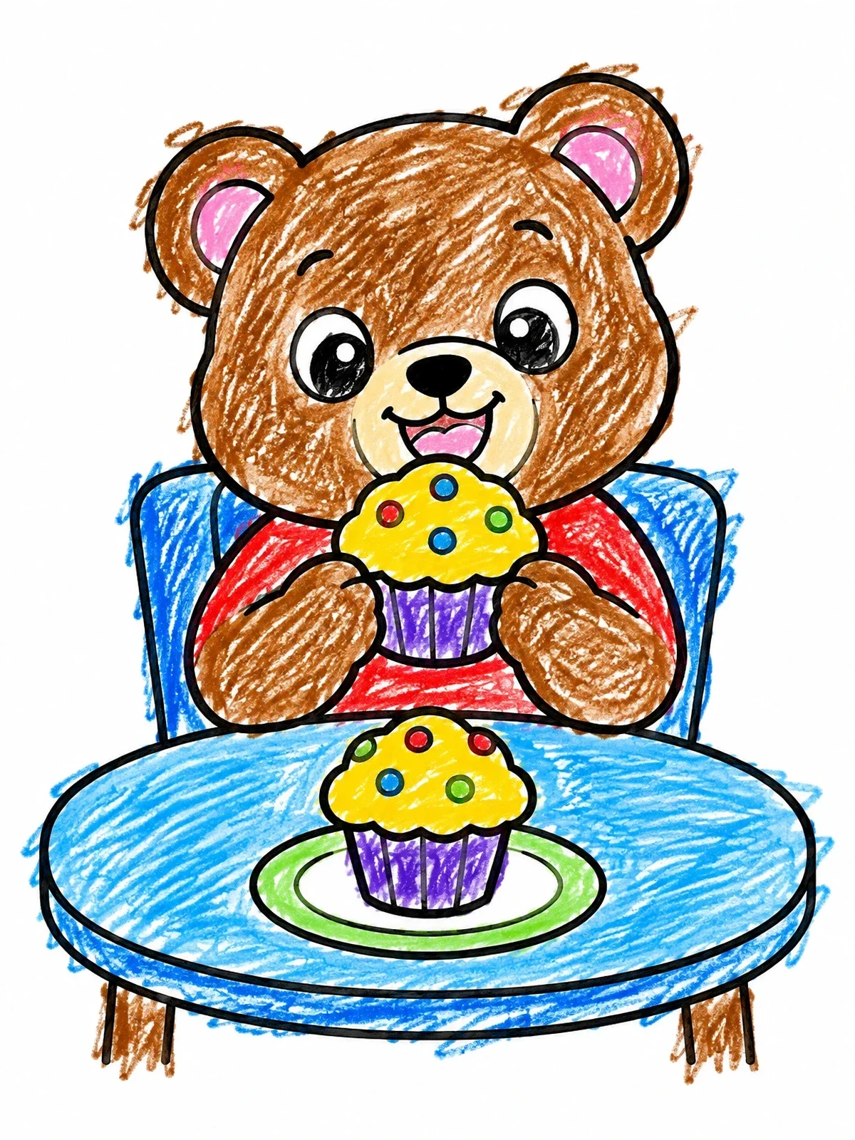 Colored example of the Cute Teddy Bear Eating Muffins coloring page