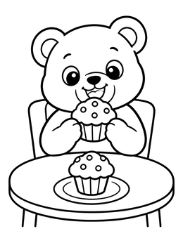 Free printable Cute Teddy Bear Eating Muffins coloring page