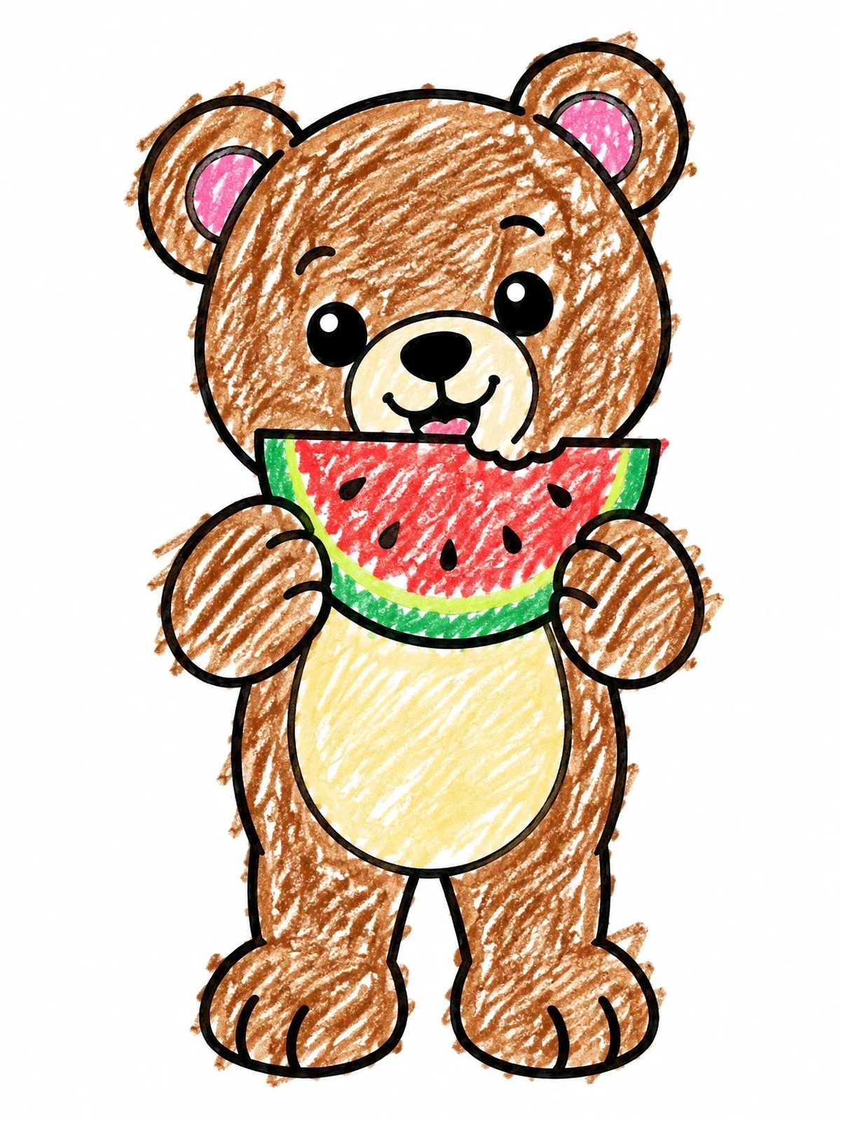 Colored example of the Teddy Bear Eating Sweet Watermelon coloring page