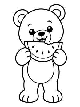 A cute teddy bear coloring page holding and biting a juicy slice of watermelon.