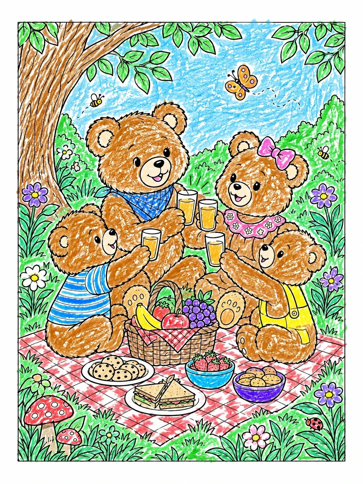 Colored example of the Teddy Bear Family Picnic Toast coloring page