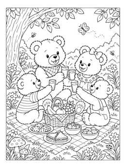 A cute teddy bear coloring page showing a bear family toasting drinks at an outdoor picnic.