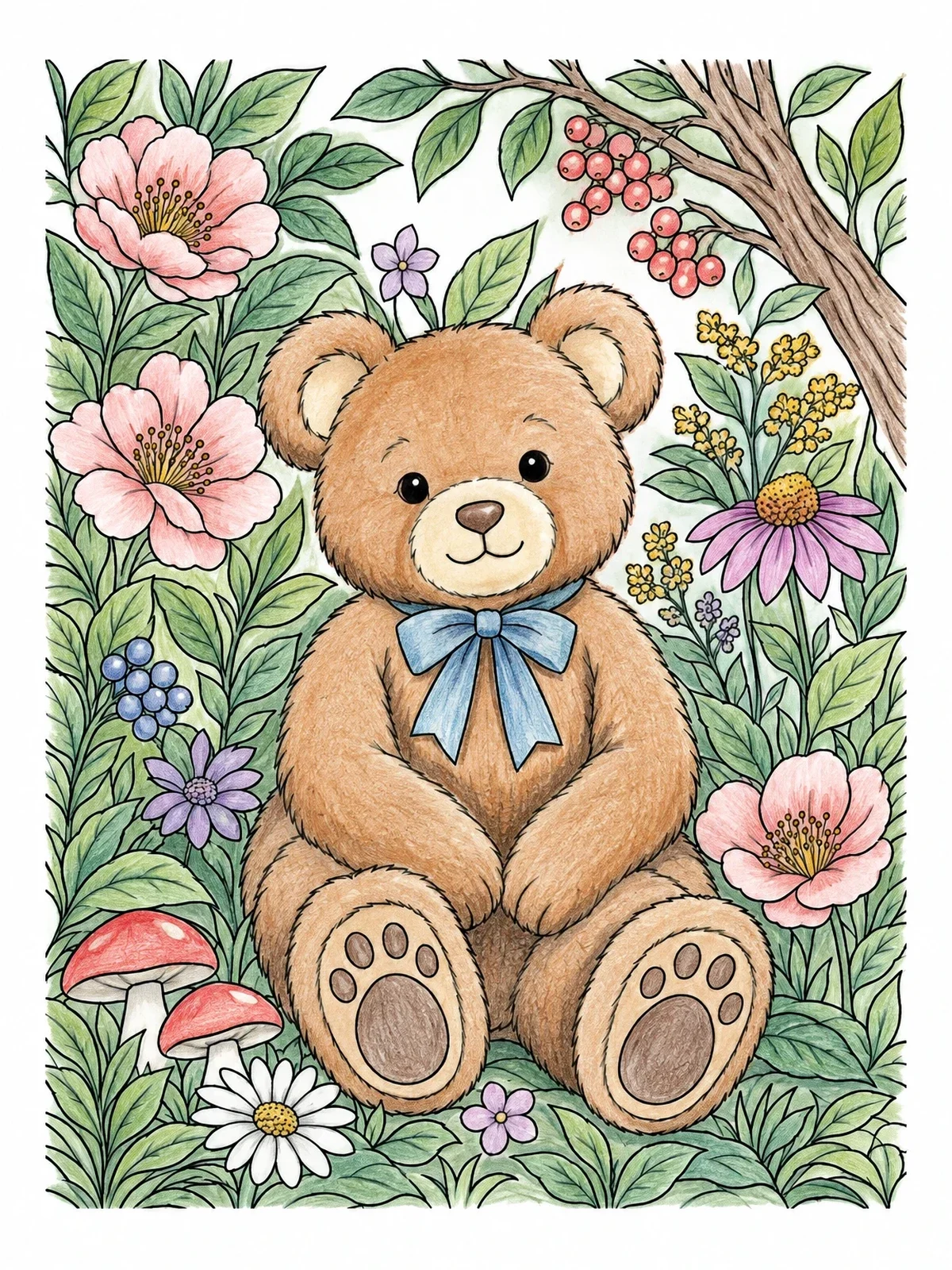 Colored example of the Teddy Bear In Flower Garden coloring page