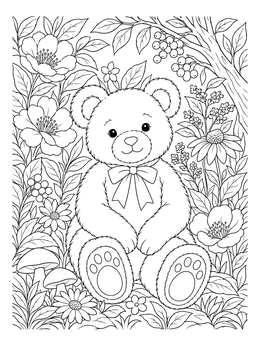 A fluffy teddy bear coloring page surrounded by detailed garden flowers and berries.