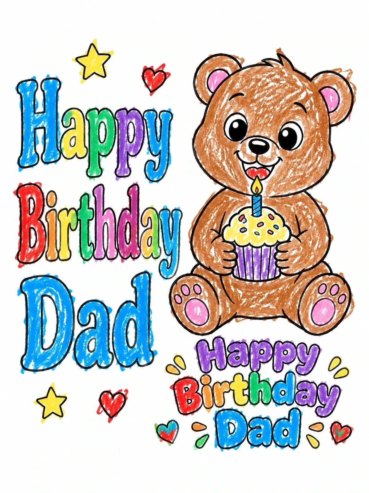 Colored example of the Cute Teddy Bear Birthday Card For Dad coloring page
