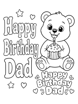 A cute teddy bear with a cupcake on this happy birthday dad coloring page.