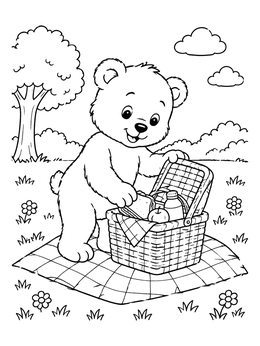 A cute teddy bear coloring page unpacking food from a picnic basket in a sunny park.