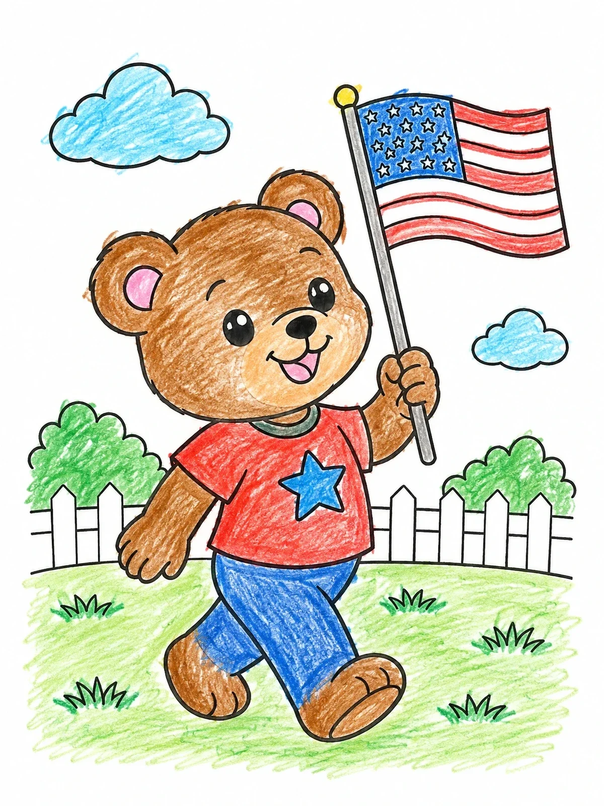 Colored example of the Cute Teddy Bear Holding American Flag coloring page