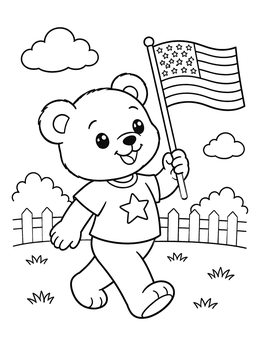 Free printable Cute Teddy Bear Holding American Flag coloring page