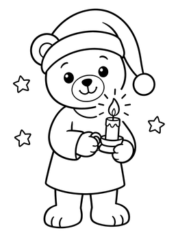 A cute teddy bear coloring page showing a bear in a nightcap holding a glowing candle.