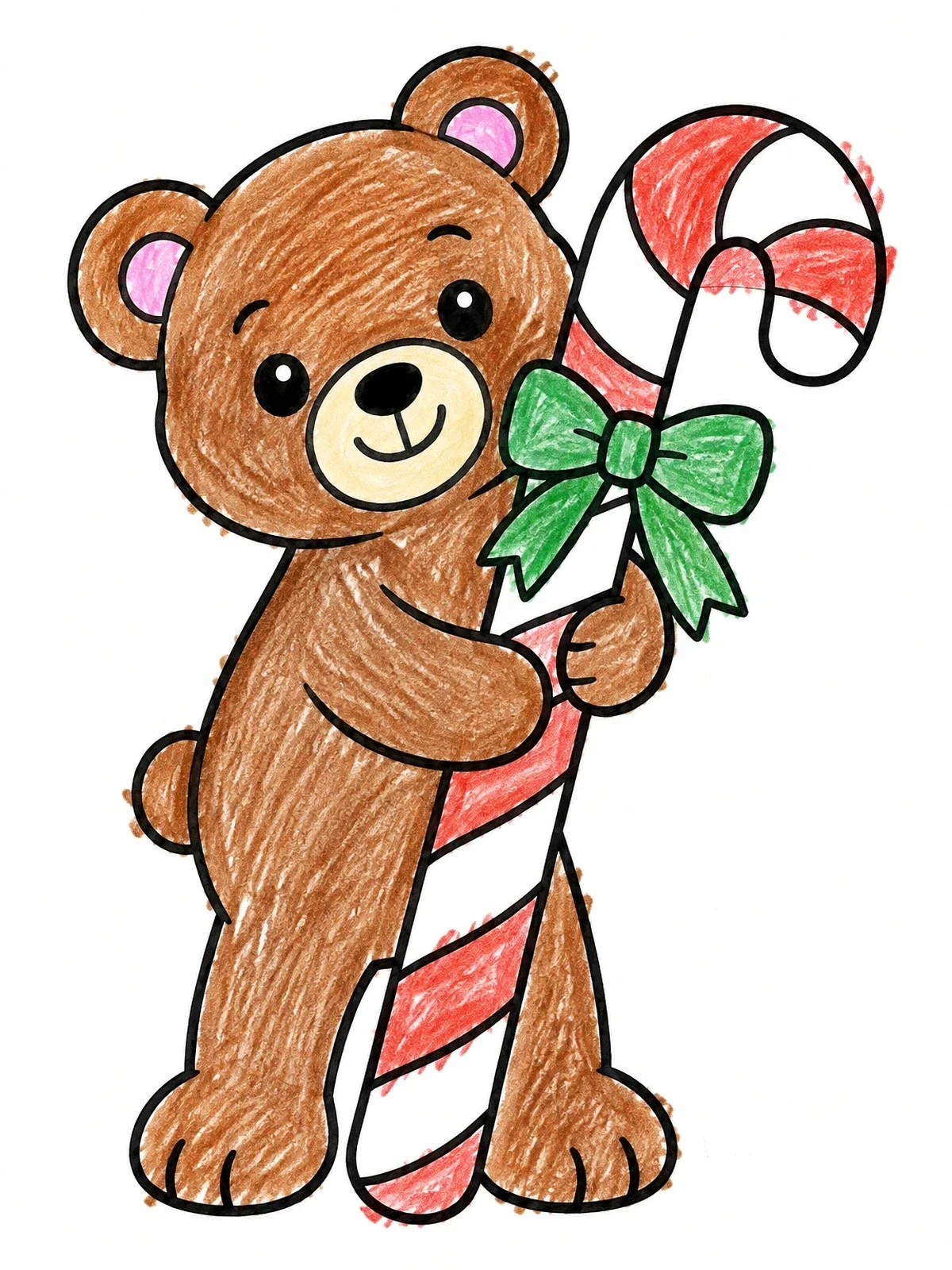 Colored example of the Teddy Bear Holding Candy Cane coloring page