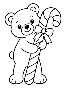 A cheerful teddy bear coloring page holding a candy cane tied with a bow.