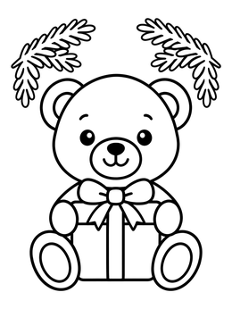 A sweet teddy bear coloring page holding a wrapped gift box beneath pine branches.