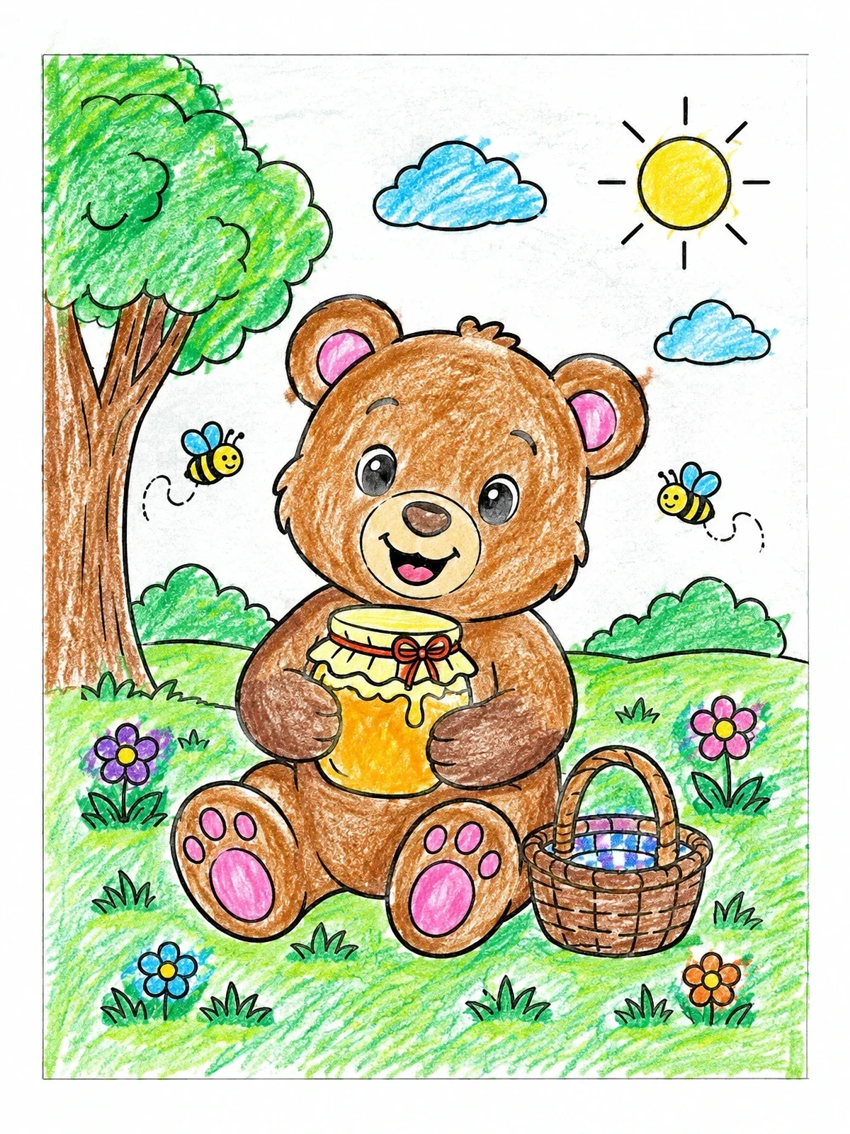 Colored example of the Teddy Bear Honey Picnic coloring page