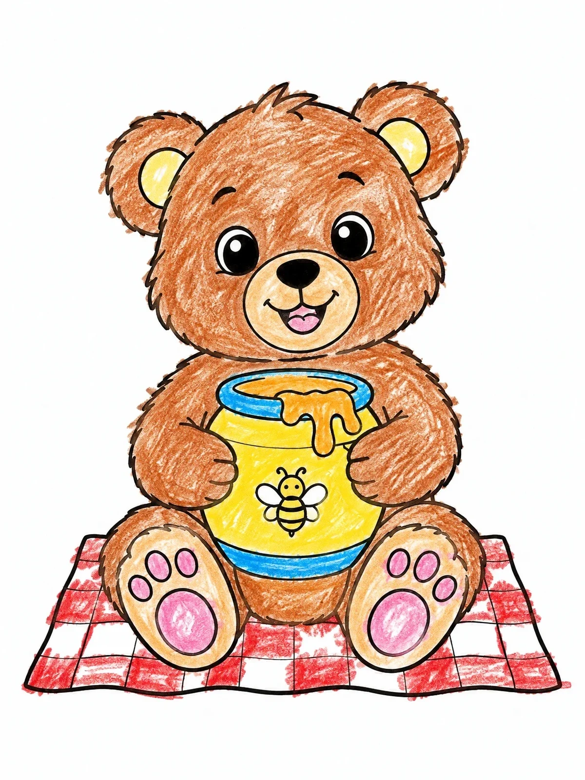 Colored example of the Teddy Bear With Honey Pot coloring page