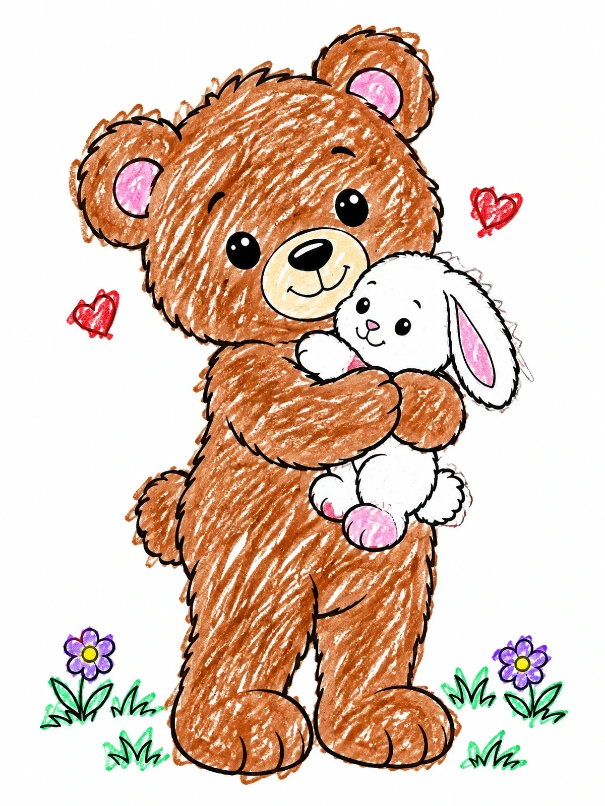 Colored example of the Teddy Bear Hugging Fluffy Bunny coloring page