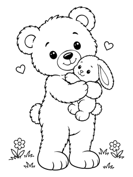 A sweet teddy bear coloring page showing a bear holding a cute stuffed bunny.