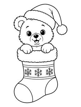 A festive teddy bear coloring page showing a cute cub wearing a Santa hat inside a holiday stocking.