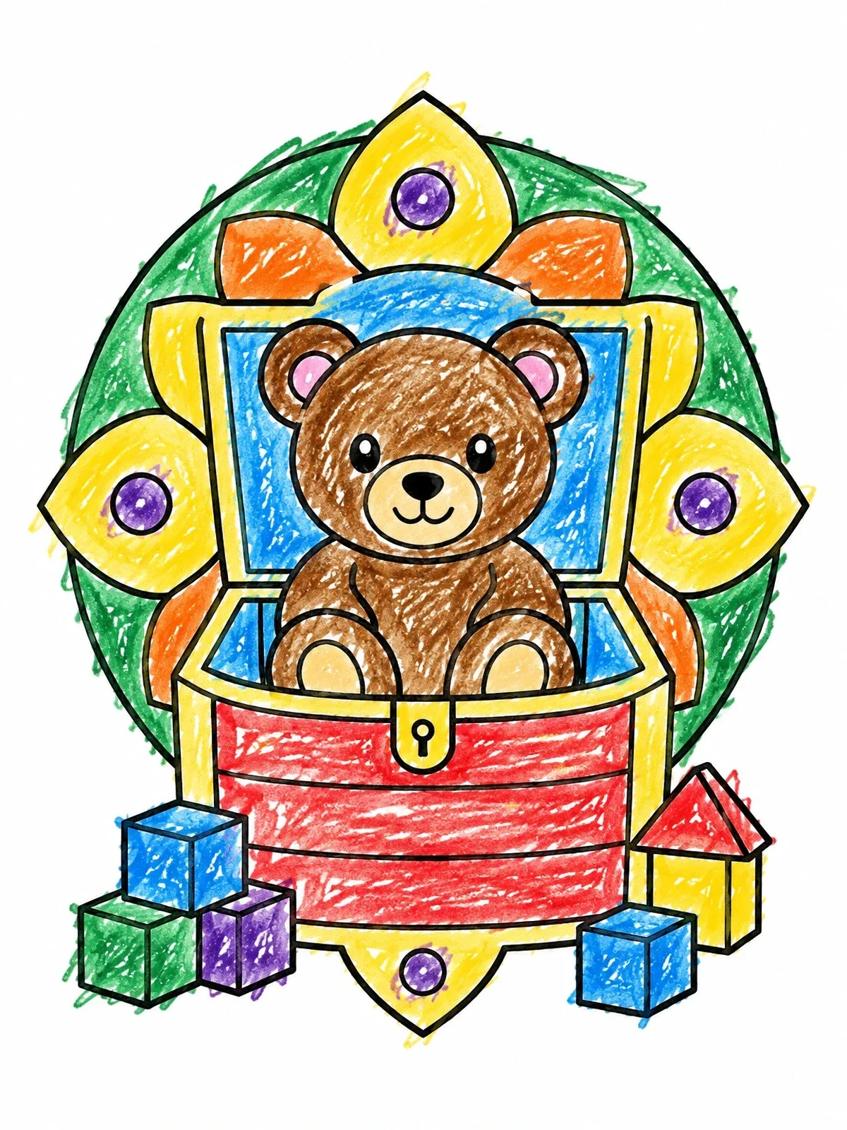 Colored example of the Teddy Bear Inside A Toy Chest coloring page
