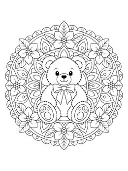 A cute teddy bear coloring page surrounded by a circular floral mandala frame.