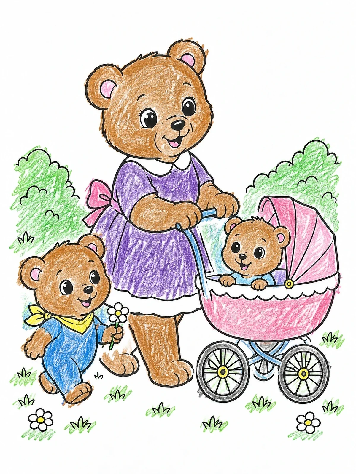 Colored example of the Mother Bear With Stroller And Cubs coloring page