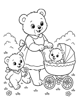 A sweet teddy bear coloring page of a mother bear strolling with a baby carriage and walking cub.