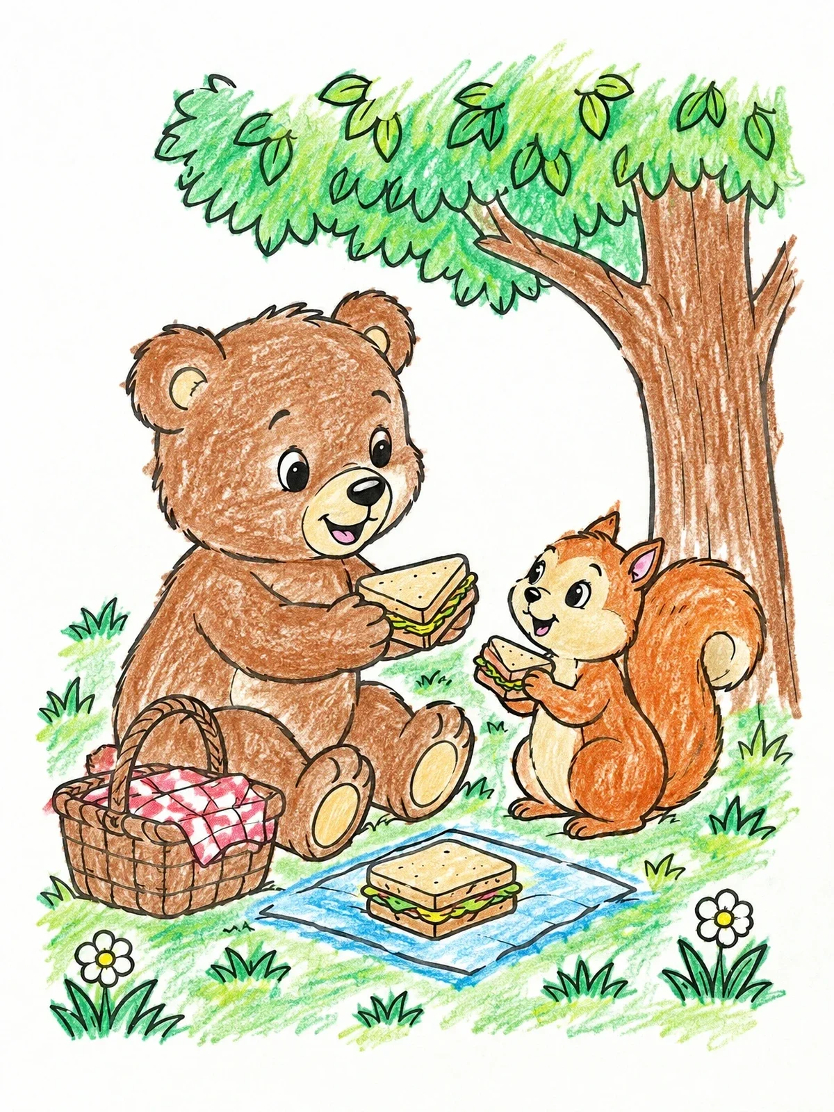 Colored example of the Teddy Bear Picnic With Squirrel coloring page