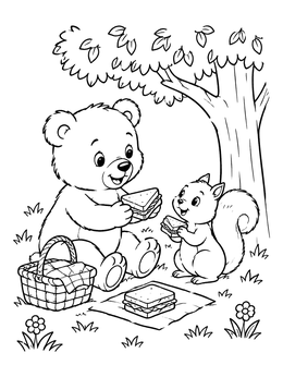 A cute teddy bear coloring page showing a bear and a squirrel sharing sandwiches under a tree.