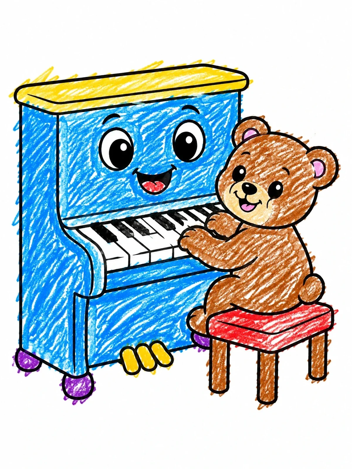 Colored example of the Teddy Bear Playing Happy Piano coloring page
