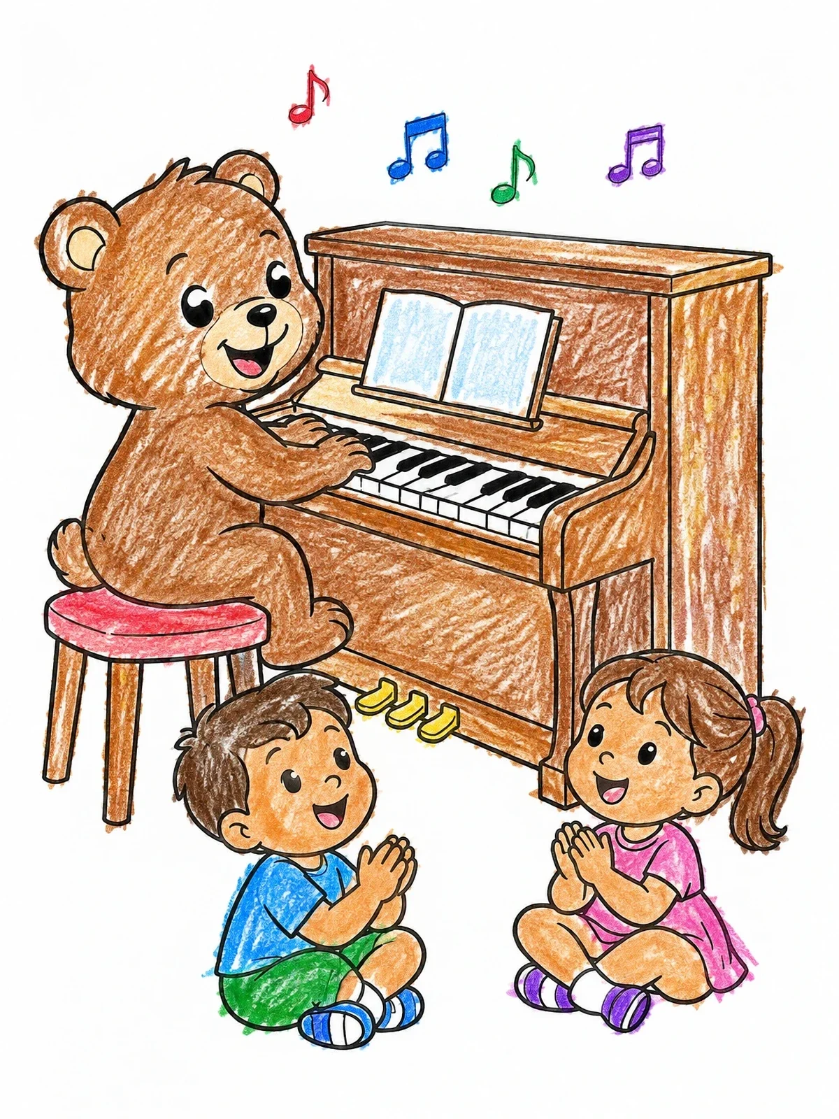 Colored example of the Teddy Bear Playing Piano For Children coloring page