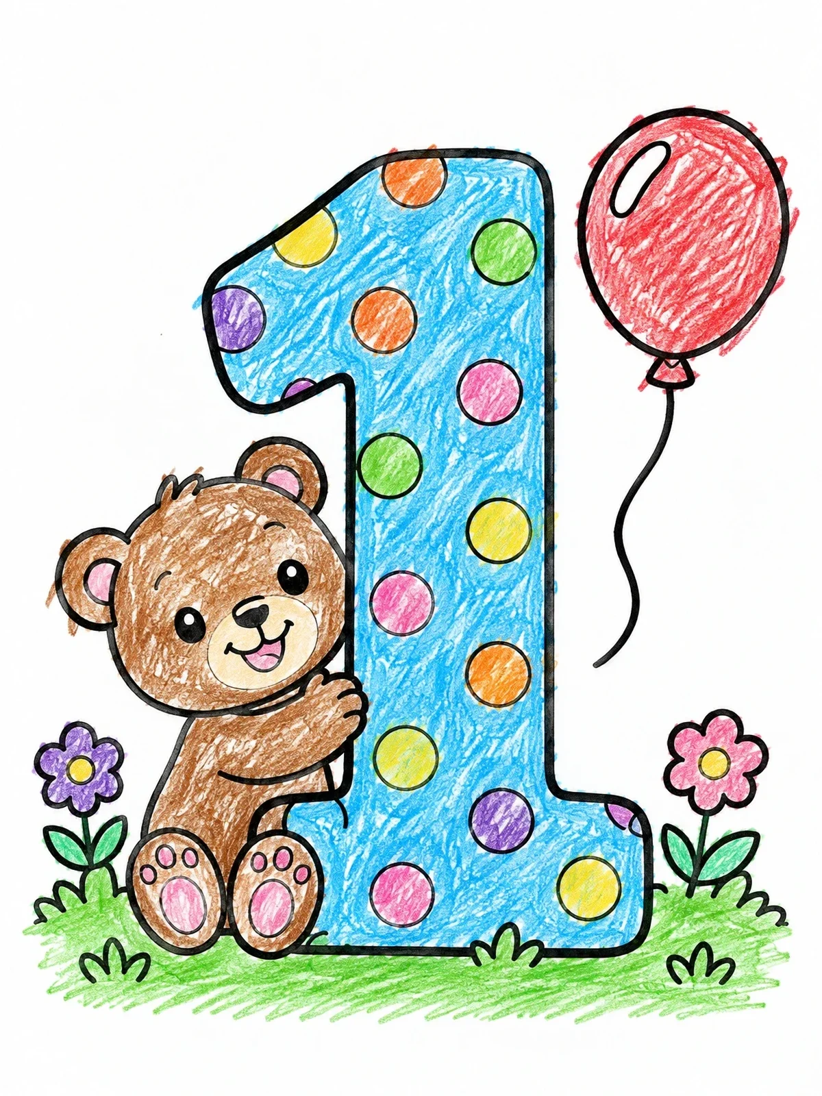 Colored example of the Cute Teddy Bear With Number One coloring page
