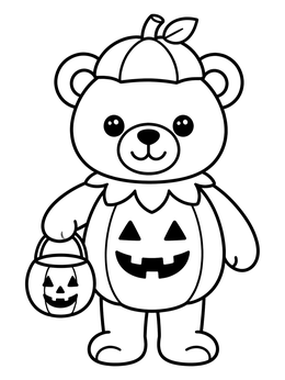 A cute teddy bear coloring page dressed up as a pumpkin holding a candy bucket.
