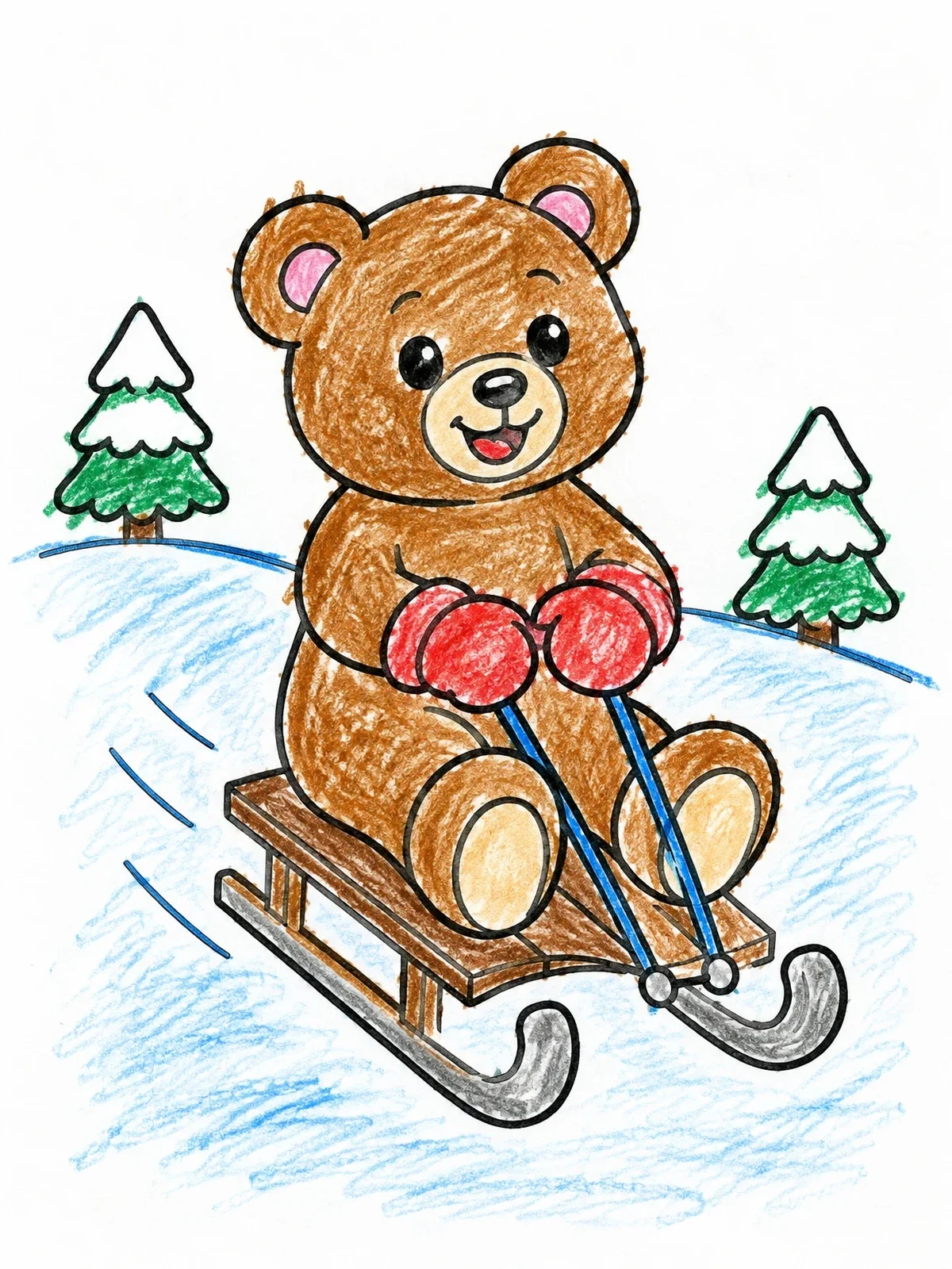 Colored example of the Teddy Bear Sledding In Winter coloring page