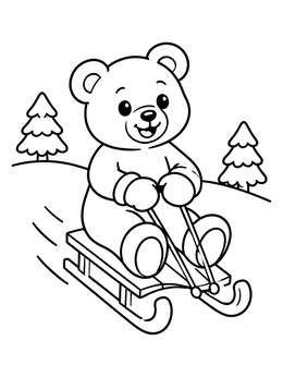 A cheerful teddy bear coloring page showing a bear riding a sled down a snowy hill.