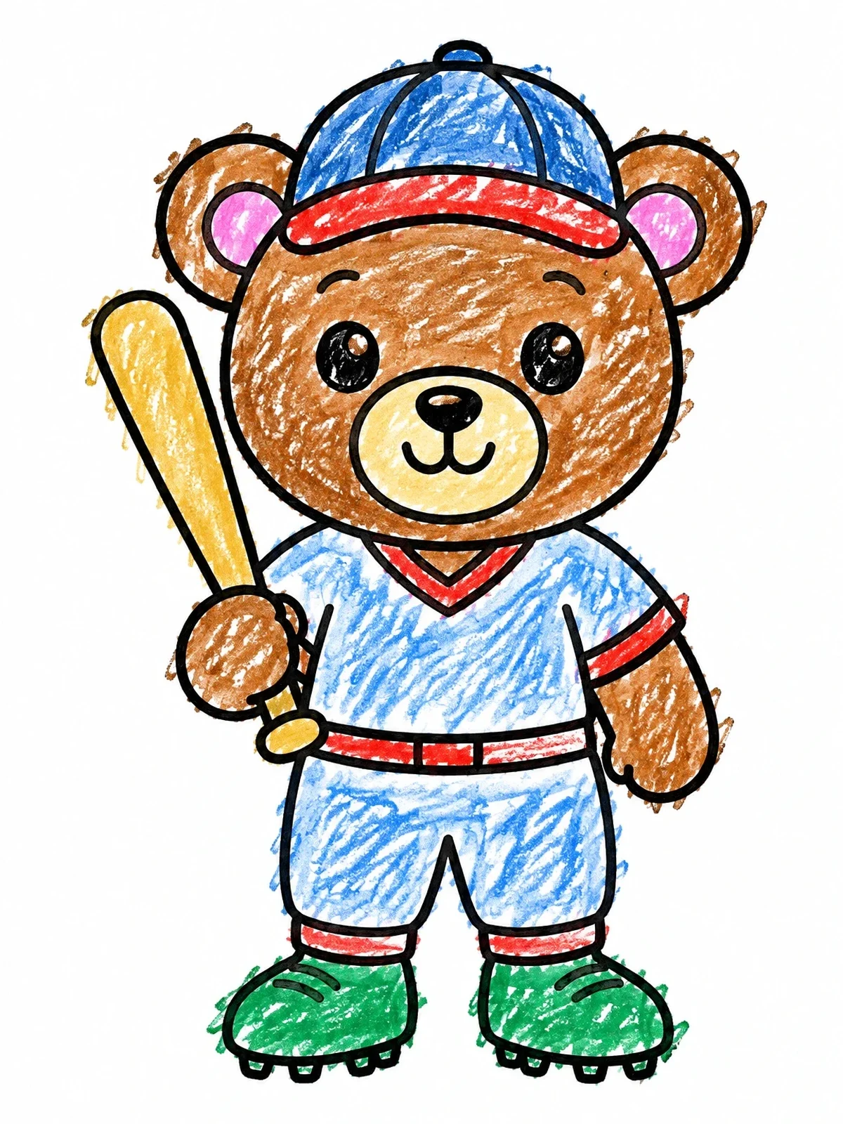Colored example of the Teddy Bear Softball Player coloring page