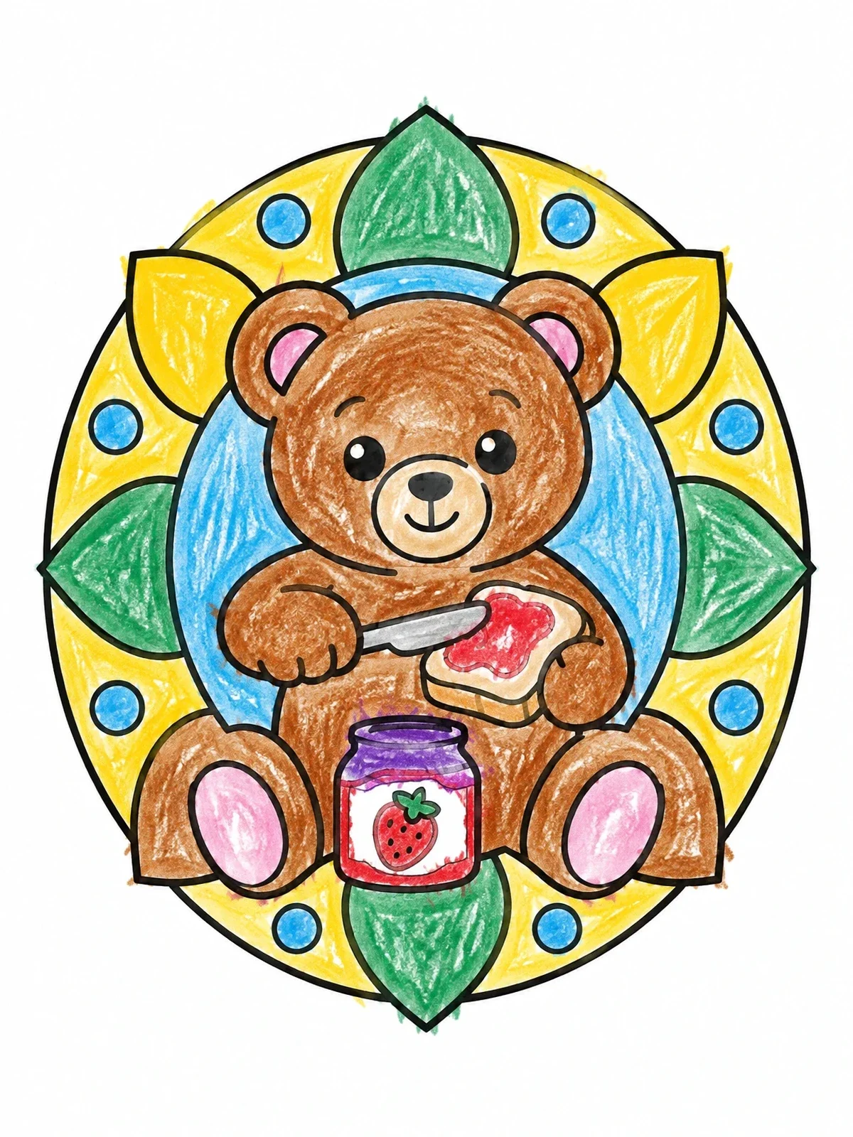 Colored example of the Teddy Bear Spreading Strawberry Jam coloring page