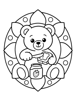 A sweet teddy bear coloring page spreading strawberry jam onto bread within a decorative frame.