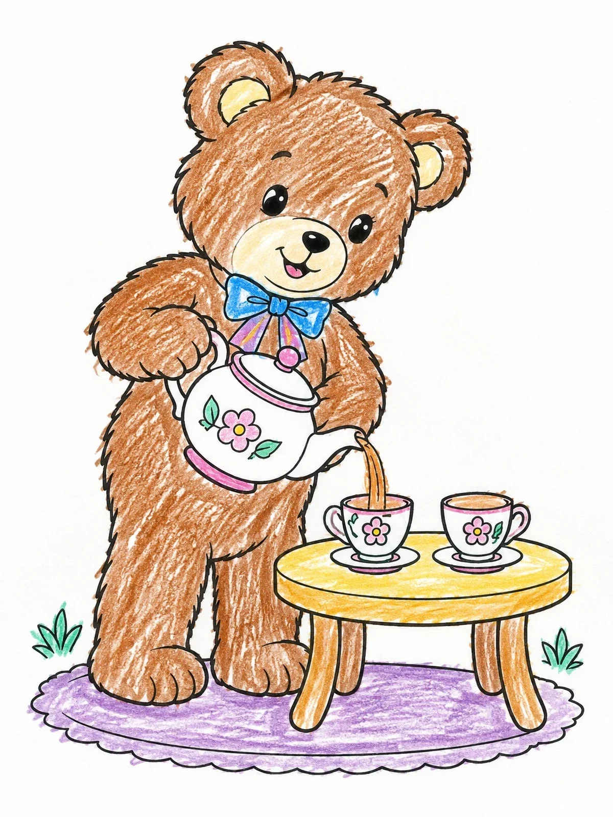 Colored example of the Teddy Bear Having A Tea Party coloring page