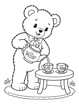 A sweet teddy bear coloring page pouring tea into cups at a small table.