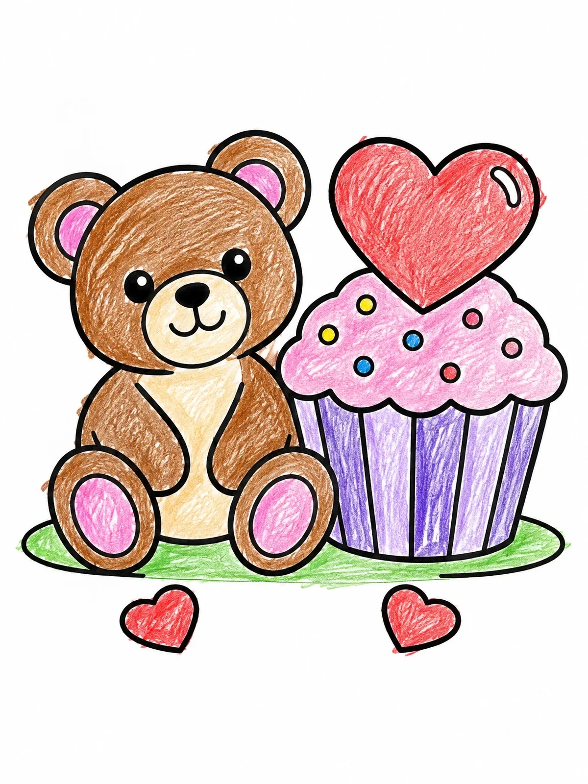 Colored example of the Teddy Bear With Valentine Cupcake coloring page