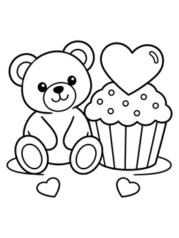 Free printable Teddy Bear With Valentine Cupcake coloring page