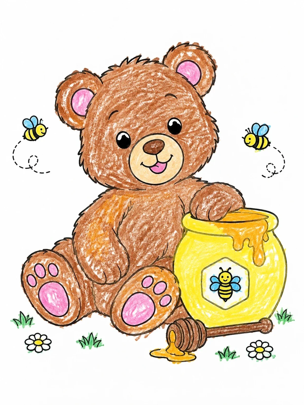 Colored example of the Teddy Bear With Honey Pot coloring page