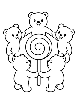 Five cheerful teddy bears holding hands around a giant treat on this bear coloring page.