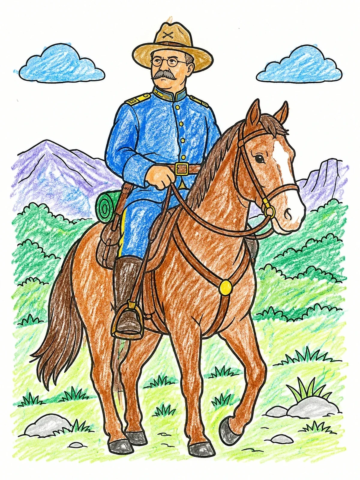 Colored example of the Rough Rider Teddy Roosevelt On Horseback coloring page